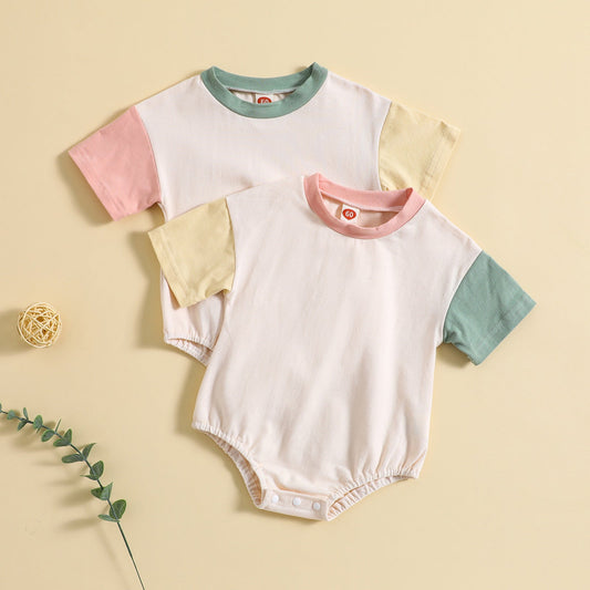 Baby Solid Color Stitching Romper Short Sleeve