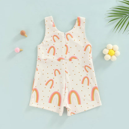 Strap Zipper Rainbow Sunken Stripe Flower Jumpsuit Romper