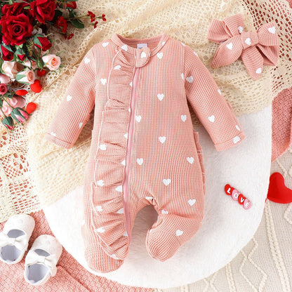 Heart-print Footed Zip-up Onesie Headband Set