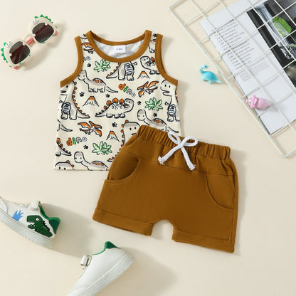 Boys Fashion Cartoon Dinosaur Printed Two-piece Suit