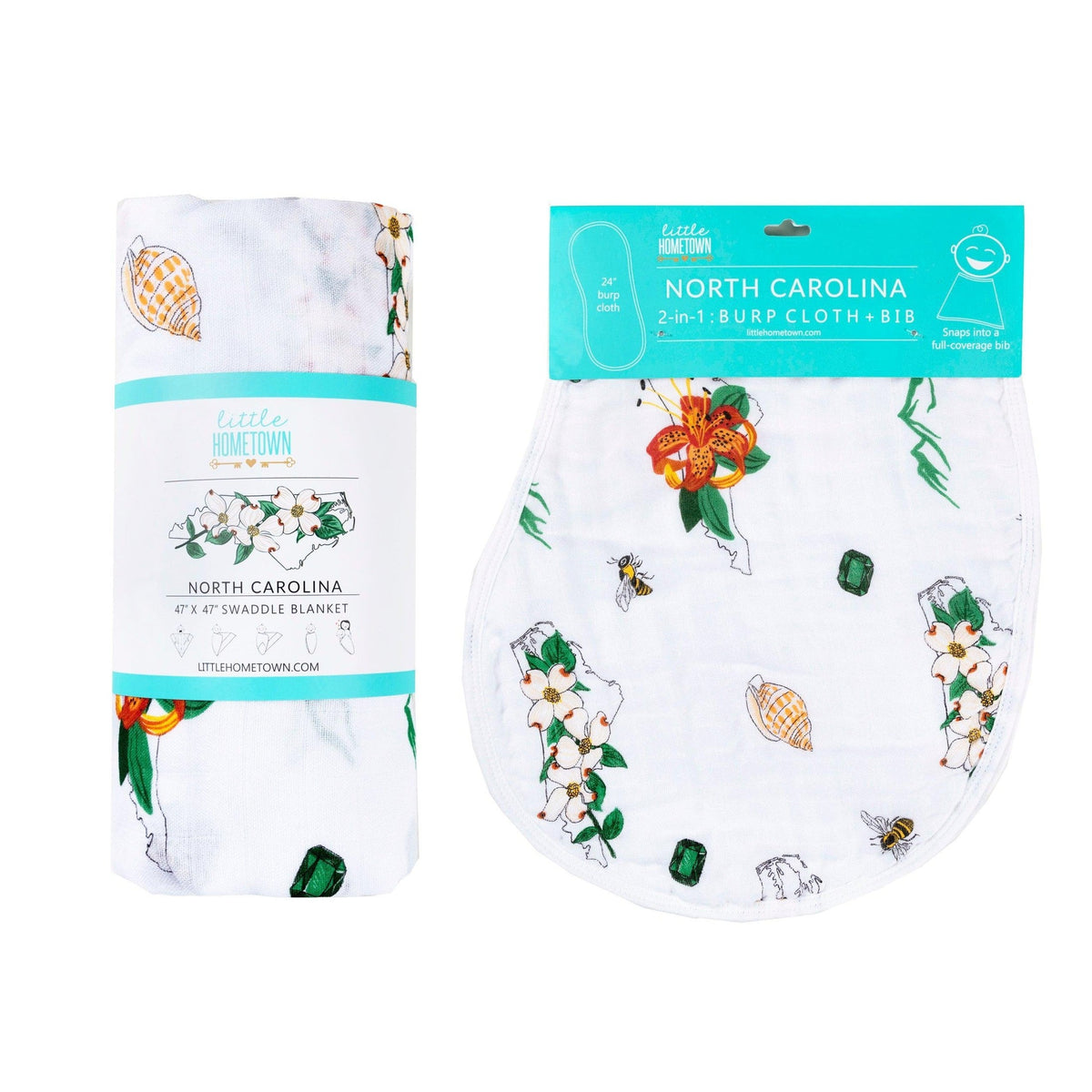 North Carolina Baby Gift Set: Muslin Swaddle & Bib (Floral)