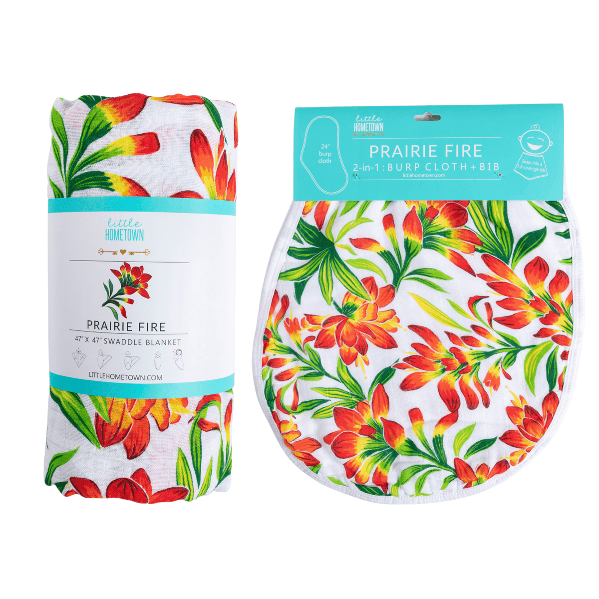 Prairie Fire Baby Gift Set: Muslin Swaddle & Bib | Organic Cotton