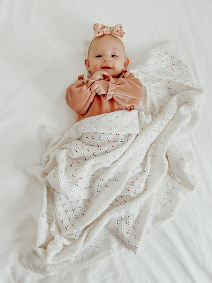 Vanilla White Pointelle Knit Blanket