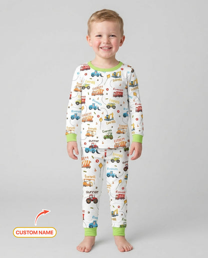 Construction Vehicles Custom Name Bamboo Two Piece Long Sleeve Pajama Set