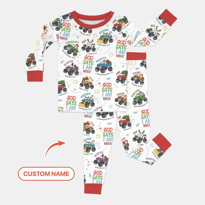 Personalized God Says I Am Christmas Monster Truck Bamboo Two Piece Long Sleeve Pajama Set