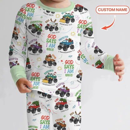 Personalized God Says I Am Christmas Monster Truck Bamboo Two Piece Long Sleeve Pajama Set