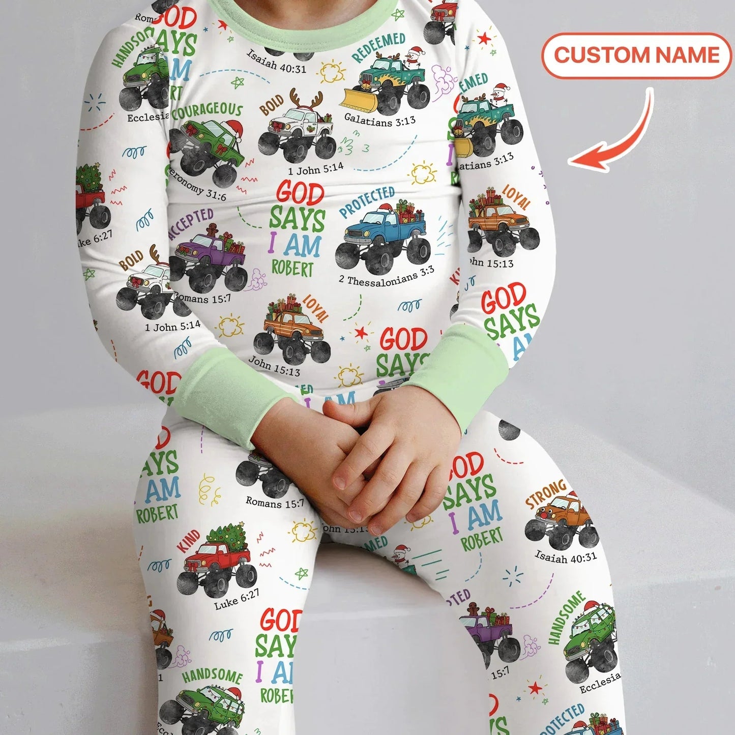 Personalized God Says I Am Christmas Monster Truck Bamboo Two Piece Long Sleeve Pajama Set