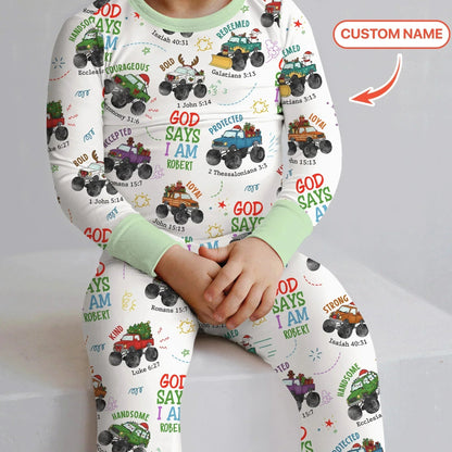 Personalized God Says I Am Christmas Monster Truck Bamboo Two Piece Long Sleeve Pajama Set