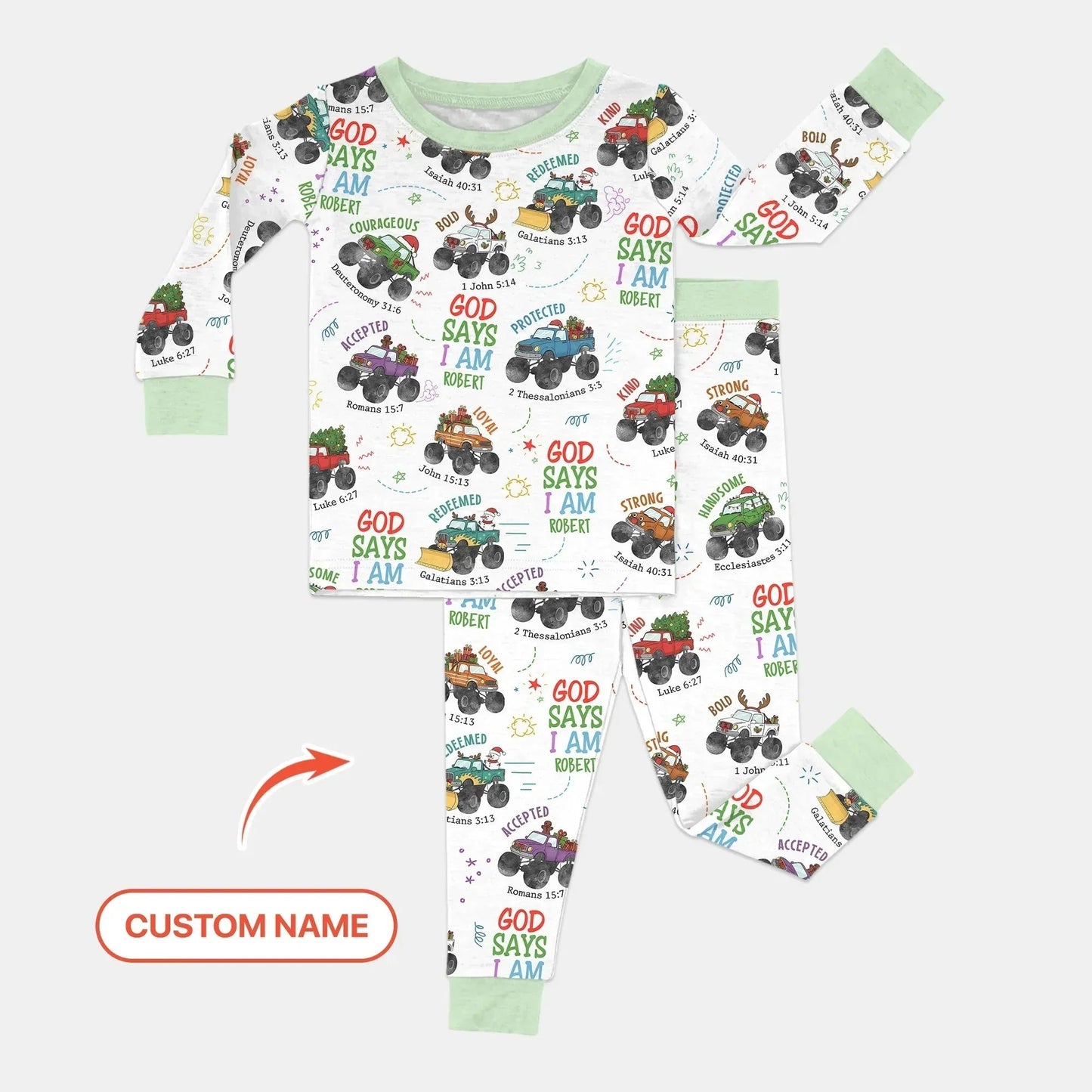 Personalized God Says I Am Christmas Monster Truck Bamboo Two Piece Long Sleeve Pajama Set