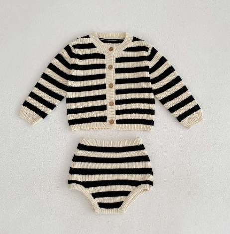 Striped Knitwear Set with Romper and Cardigan (One Set) - # BAAA51210038