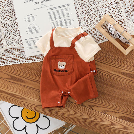 Summer Baby Two-piece Strap Jumpsuit | With Bear Embroidery - # BAAA51210042