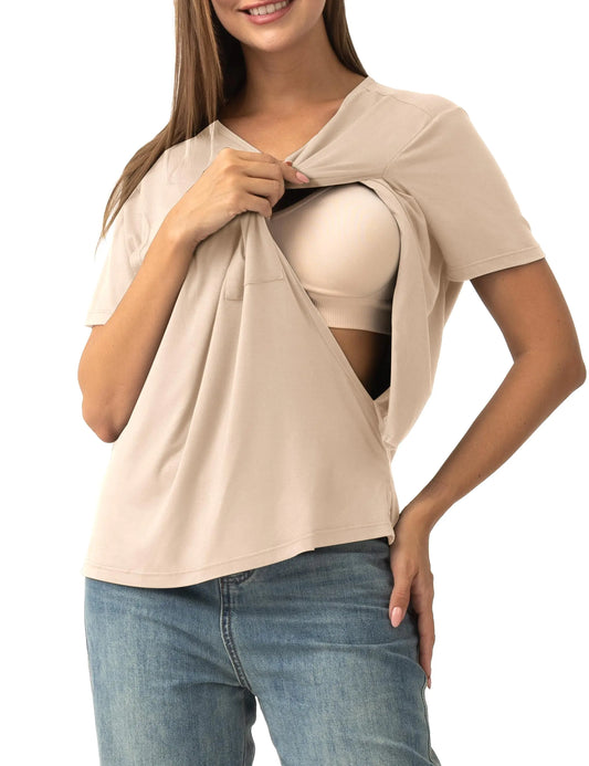 SUNNYBUY Women's Nursing Tops | Breastfeeding Cover | Short Sleeves Maternity Tee Shirts | Double Layer Postpartum Clothes | Apricot | S - # NURSGA11110111