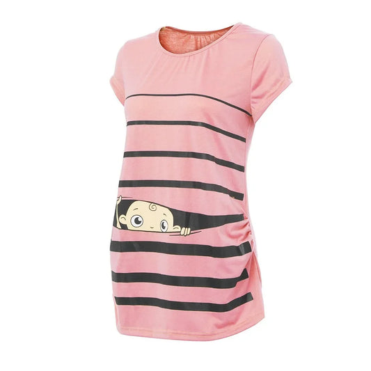 Sweet Cartoon Striped Maternity Summer T-shirt - # WOAA21510010-PRG