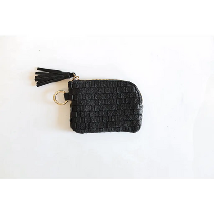 Devin Coin Purse in Black Woven Leather with Tassel