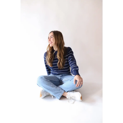 Ellen Henley Sweater in Navy with White Stripes