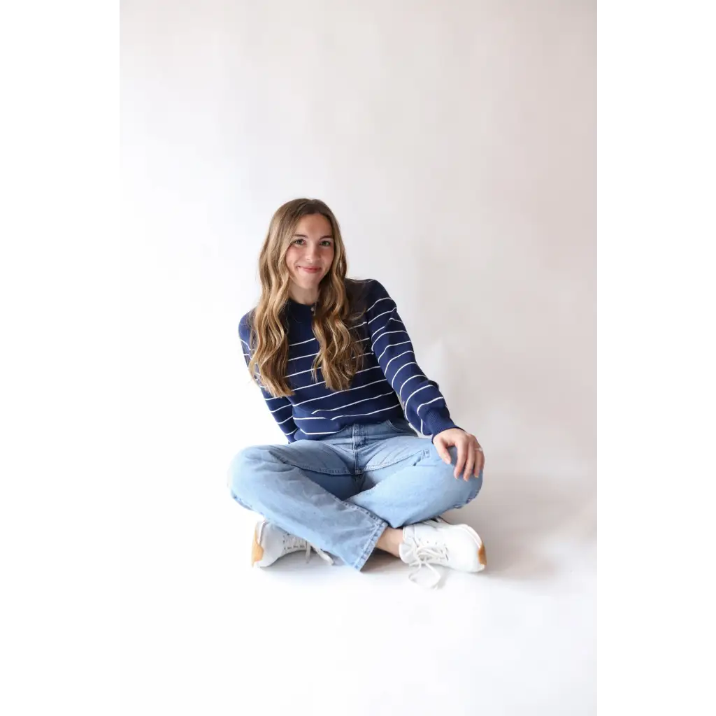 Ellen Henley Sweater in Navy with White Stripes